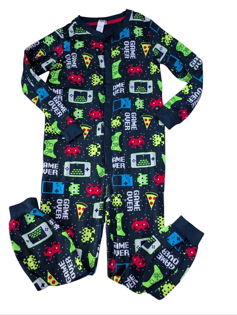 George Navy Video Game & Pizza Print One-Piece Pajamas